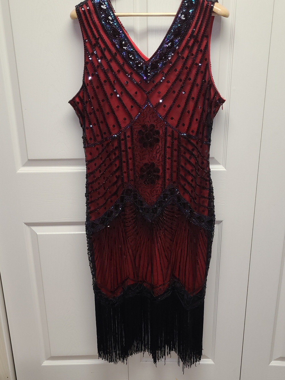 Beaded Sequin Red Sleeveless  Midi Dress w/ Fringe 20's costume